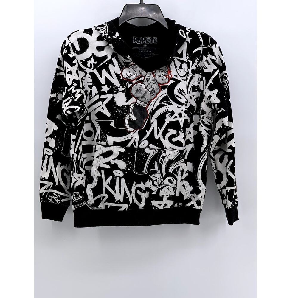 POPEYE Kids' Black-White Graffiti Print Pullover Hooded Sweater SZ M